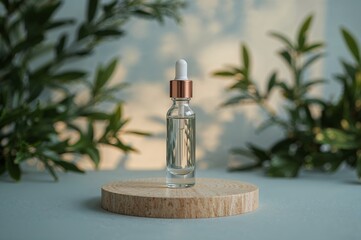 Natural skincare serum in a transparent glass bottle with a dropper on a wooden podium against a background of green leaves and shadows