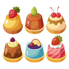 A delightful collection of six cartoon dessert puddings each uniquely decorated with fresh fruit toppings like strawberries cherries and citrus set against a clean white