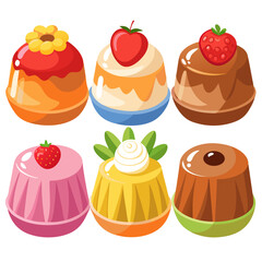 A colorful collection of six cartoon desserts each a unique flavor and design featuring toppings like strawberries flowers cream and a chocolate center set against