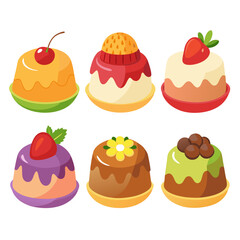 Colorful Cartoon Dessert Collection Six Unique Puddings with Various Toppings Including Cherry Strawberry Flower and Chocolate Displayed on a White Background Perfect for Sweet Treats