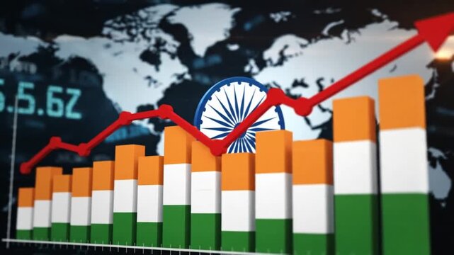 india economic growth, upward arrow and bar chart in national flag colors with map background representing rising gdp financial progress investment and development trends

 - Powered by Adobe