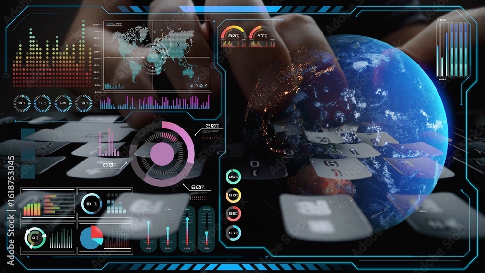 Poster high-tech global network connection interface showing worldwide digital communication, data exchange