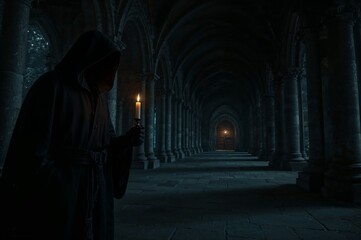 Mysterious hooded figure with a single candle illuminating a dark, ancient gothic monastery corridor at night