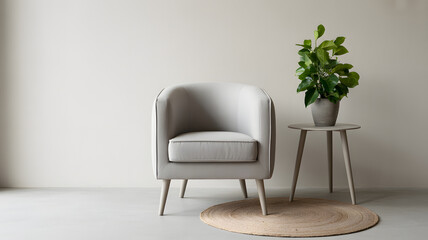Fototapeta premium Elegant minimalist armchair with lush green plant on side table creating serene modern living room ambiance