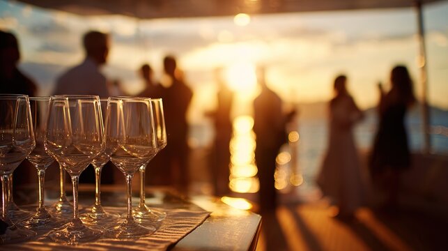 Empty wine glasses await a celebration against a sunset backdrop.