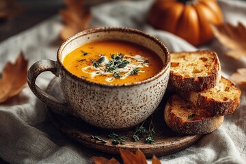 Cozy pumpkin soup with toasted bread and autumn leaves in a warm setting