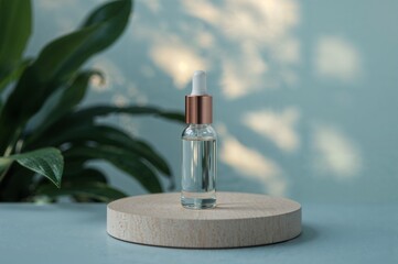 Natural cosmetic serum in a transparent dropper bottle on a wooden podium. Minimalist skincare product with plant shadows on a blue background.