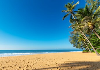 Obraz premium Idyllic Tropical Beach with Palm Trees Clear Blue Sky and Tranquil Ocean Scenery for Summer Vacation Travel Photography