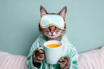 Sleepy cat enjoying a morning beverage with an eye mask and pajamas