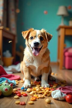 Hilarious family chaos unfolds as a playful dog creates utter pandemonium amidst a pile of laundry, toys, and spilled snacks Pure comedic gold for any family-themed project!, happiness, playful