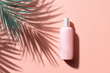 Pink bottle with tropical leaf shadow on peach background, summer vibes