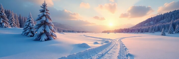 Low winter sun casts long shadows across a snow-covered landscape, highlighting the stark beauty of the frozen earth The pale light creates a serene and peaceful atmosphere , frost, blue