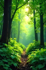 Naklejka premium Lush forest green foliage fills the frame, sunlight dappling through leaves, creating a vibrant, textured scene Perfect for nature, ecology, and environmental themes , foliage, vibrant, natural
