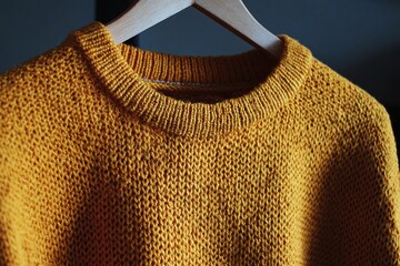 Close-up of a mustard-yellow knitted sweater hanging on a wooden hanger.