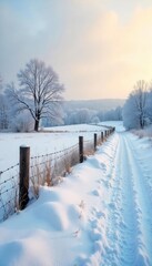 Naklejka premium Serene Winter Countryside Snow-Covered Fields and Rustic Fence under a Pale Sky. Peaceful snowy landscape photography perfect for winter travel, holiday, and nature-themed projects.