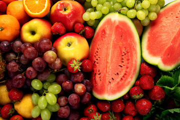 Variety of fruits and berries. Fresh raw  fruits.