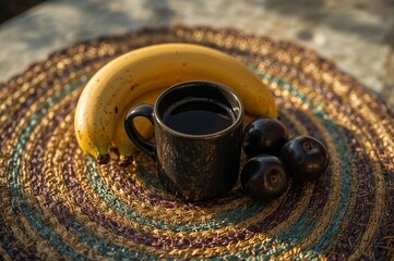 Enjoy a delightful breakfast with a cup of rich coffee, a ripe banana, and sweet blueberries on a woven mat