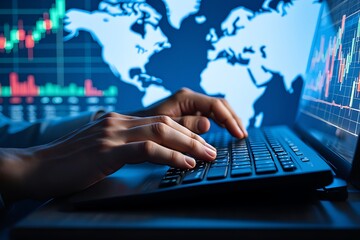 Global finance and technology hands typing on a keyboard with a world map and stock market charts displayed on a screen