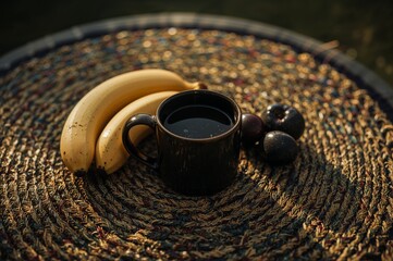 A warm mug of black coffee with ripe bananas and plums for a healthy morning start on a woven mat.