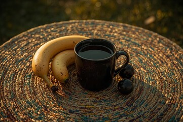 A warm cup of black coffee accompanied by ripe bananas and plums, set on a textured surface for a cozy outdoor breakfast.