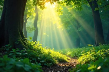 Obraz premium Sun-Dappled Forest Floor Lush Green Canopy Creates Magical, Serene Atmosphere