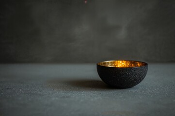 Elegant dark textured bowl with a shimmering gold leaf interior. A concept of hidden beauty and simple luxury on a moody, minimalist background.