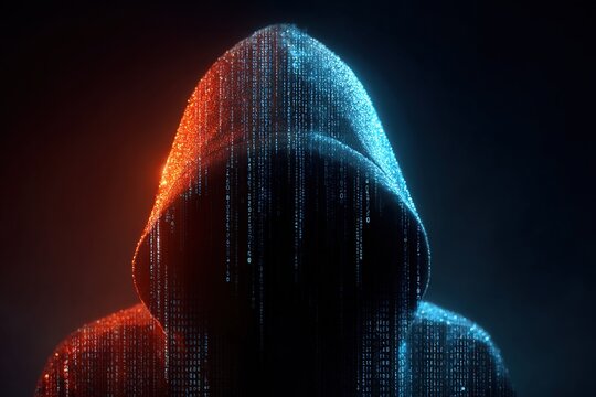 Hooded figure shrouded in falling digital binary code pattern