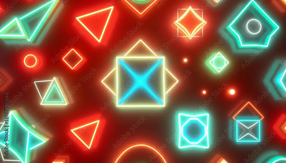 Poster abstract colorful background with glowing neon light triangles, a seamless geometric pattern for mod