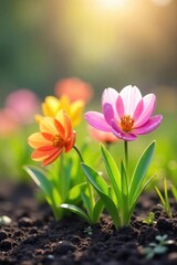 Fototapeta premium Pastel-colored flowers blooming in a vibrant spring meadow, bathed in soft sunlight New green shoots emerge from the rich earth, signifying renewal and growth , field, easter