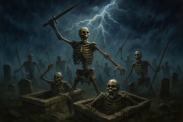 Fototapeta premium Undead Rising A Dark Horde Emerges from the Grave Amidst a Storm of Lightning and Eternal Rain