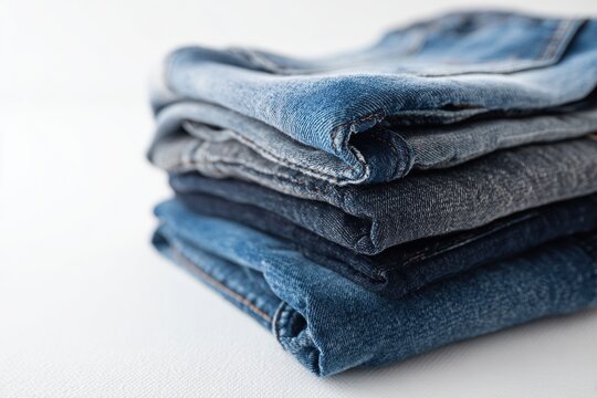 Folded denim jeans in a stack on a white background, clothing storage.