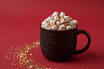 A warm and cozy mug of hot chocolate topped with fluffy marshmallows on a festive red background with gold glitter.