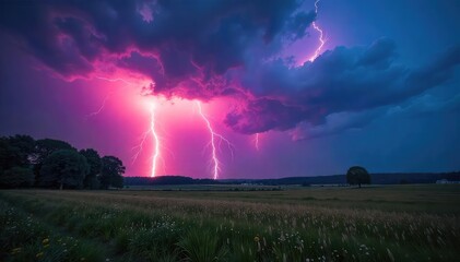 A vibrant summer sky filled with dramatic lightning illuminating a picturesque landscape during a powerful thunderstorm Perfect for weather, nature, and power themes , elemental, nature, downpour
