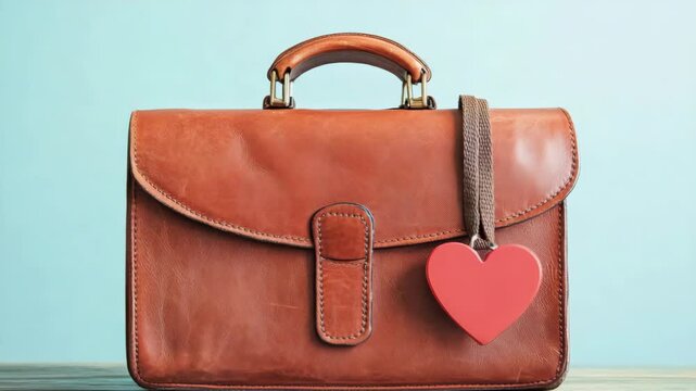 Stylish brown leather handbag with heart-shaped keychain on wooden table