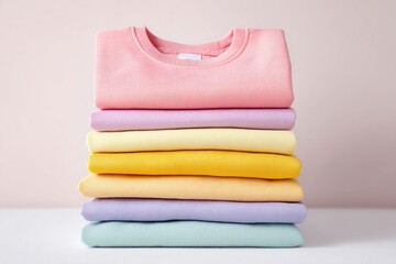 Stack of pastel-colored sweatshirts on a white surface with soft lighting
