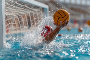 Water polo player in action, splashing water while attempting to score a goal during a match