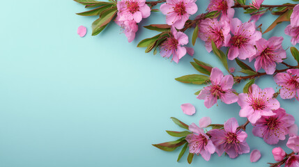 Naklejka premium Flat lay composition of soft pink spring flowers arranged as a floral border on a pastel blue background — perfect for seasonal designs or greeting cards.