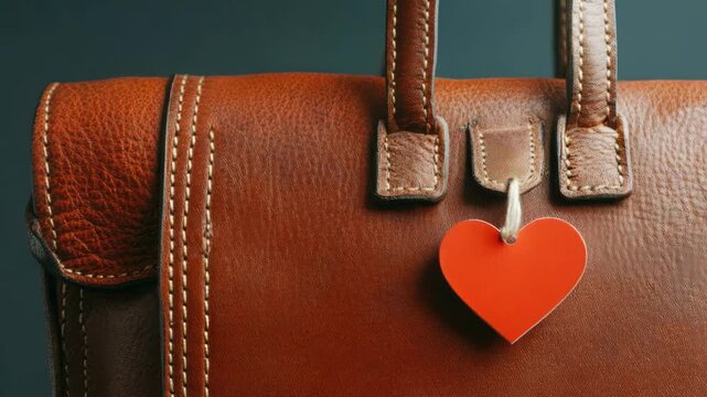 Brown leather handbag with red heart-shaped keychain attached to handle