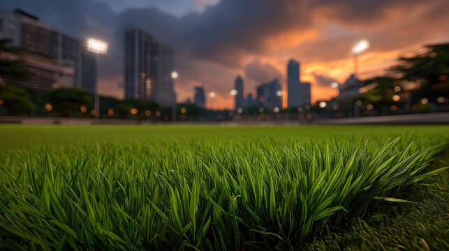 Exciting Softball Game at Dusk Urban Field Action Photography Bright Green Grass City Skyline Sports Concept - Powered by Adobe