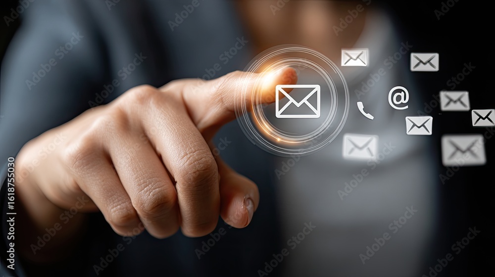 Poster close-up of a finger selecting a virtual email icon surrounded by technology and social media symbol