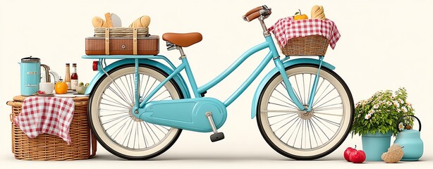 Pastel Blue Bicycle with Picnic Basket and Food