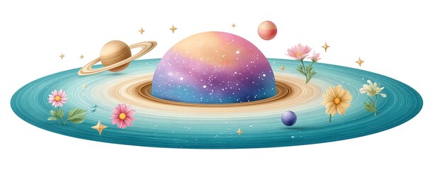 Pastel Galaxy Planet with Floral Accents in Teal Ring