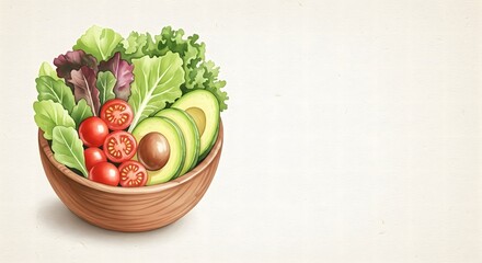 Fresh Green Salad Bowl with Avocado and Tomatoes on Textured Background