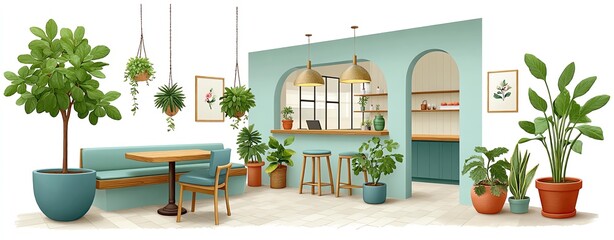 Pastel Green Cafe Interior with Wooden Furniture and Potted Plants