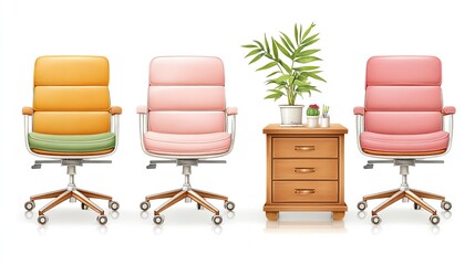 Pastel Office Chairs and Wooden Cabinet with Plant