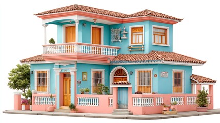 Pastel Two Story House Digital Rendering with Lush Landscaping