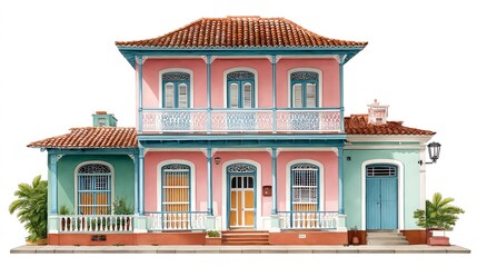 Pastel Pink and Teal Two Story House with Terracotta Roof and Lush Greenery
