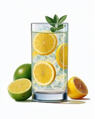 Refreshing Lemonade Drink with Lemon Slices and Ice in Tall Glass