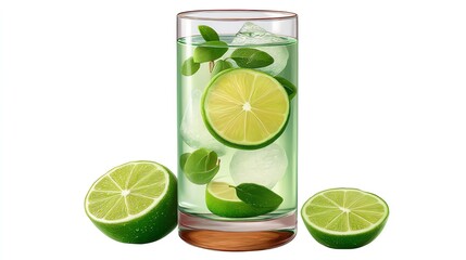 Refreshing Lime Drink with Ice and Mint in Tall Glass