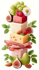 Stacked Cheese and Salami Platter with Fruit and Nuts